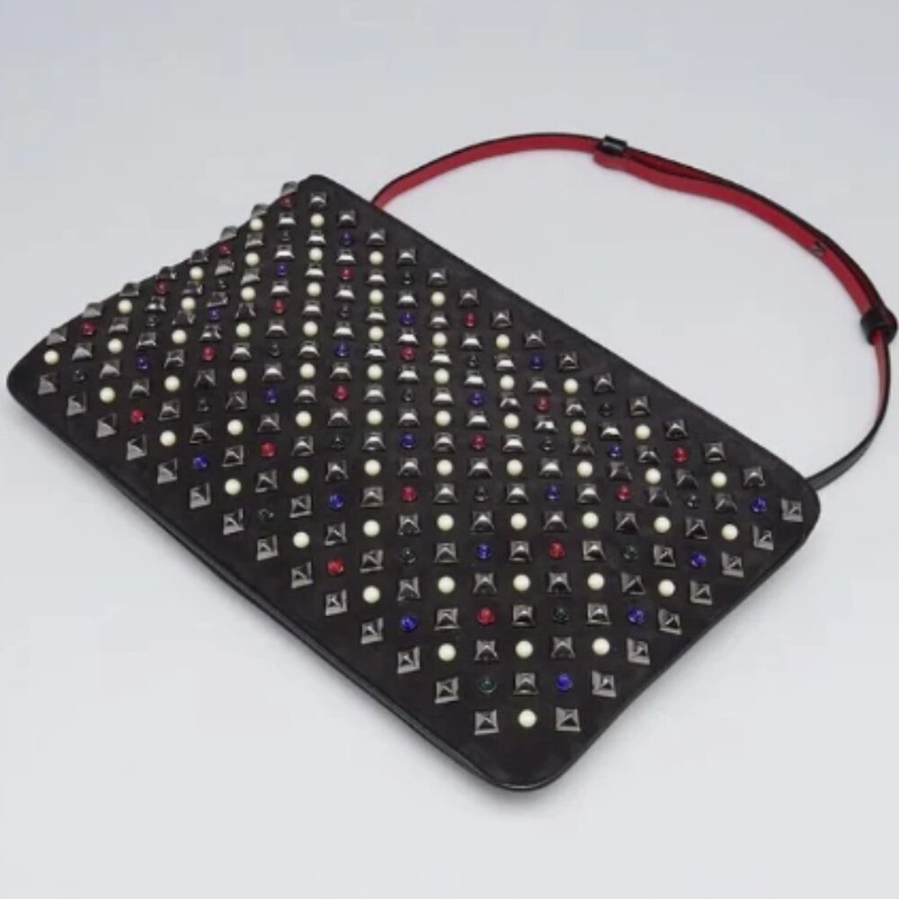 Christian Louboutin Black Suede Studded Jewels & Pearls Crossbody Bag & Clutch